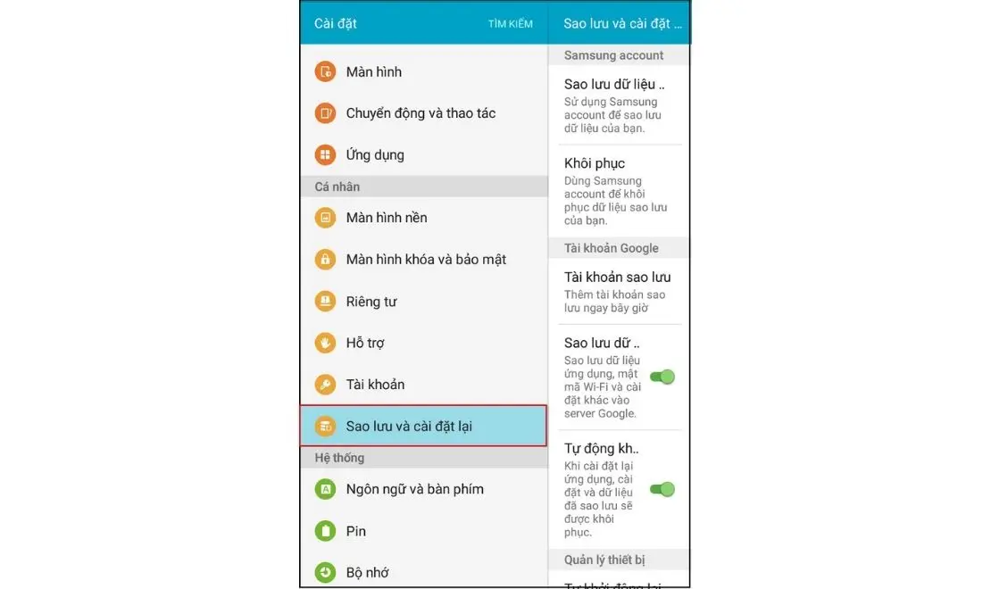 Bước 1: Truy cập vào "Cài đặt" và chọn "Sao lưu và đặt lại".