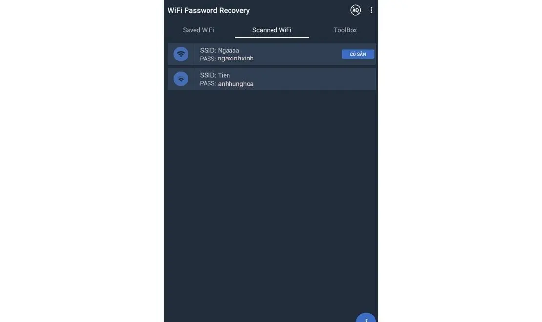 Bước 2: Ứng dụng sẽ hiển thị danh sách các điểm truy cập WiFi và mật khẩu mà bạn đã sử dụng. Bạn có thể tìm thấy mật khẩu trong phần "PASS".