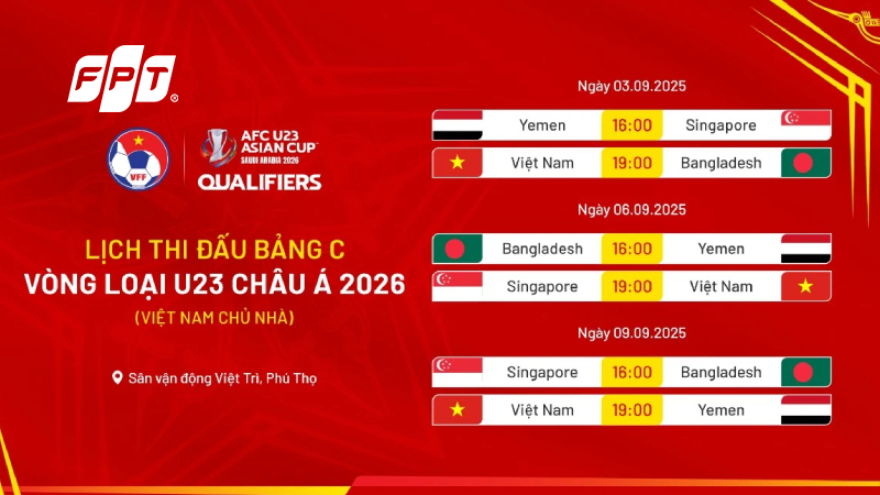 Lịch thi đấu U23 Việt Nam tại vòng loại U23 Châu Á 2026