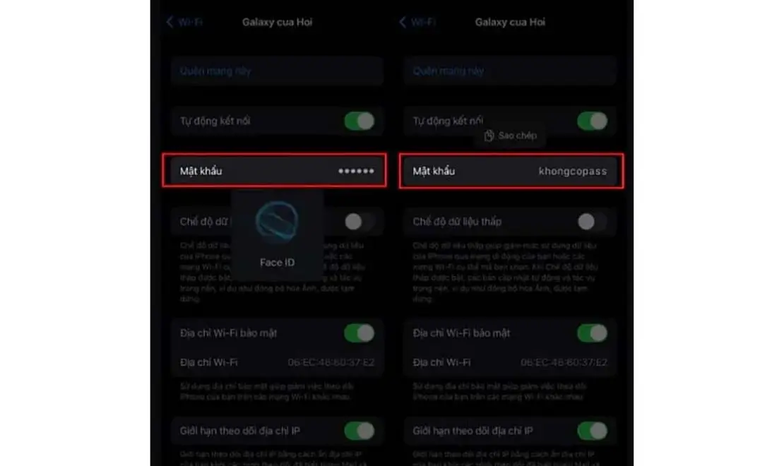 iPhone sử dụng Face ID và hiển thị mật khẩu WiFi.